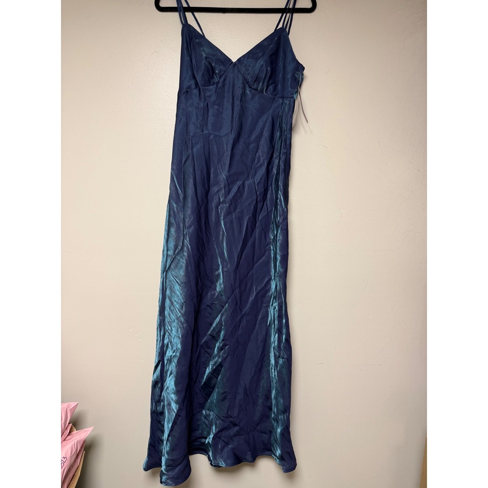 Wild Fable Iridescent Blue Metallic Maxi Dress V-Neck Spaghetti Strap Medium NEW